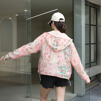 Пайетено палто с бродерия, V-образно деколте, дълги ръкави, лека полиестерна материя, уличен хипстър стил (Полиестер; Бродерия; V-образно деколте; Дълги ръкави; Лека материя)