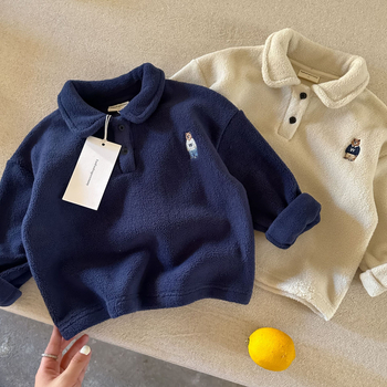 Παιδικό polo σε κορεατικό στυλ με κέντημα αρκούδας, σχέδιο ριγέ/καρτούν, πολυεστέρας, Unisex, ηλικία 3–8 ετών