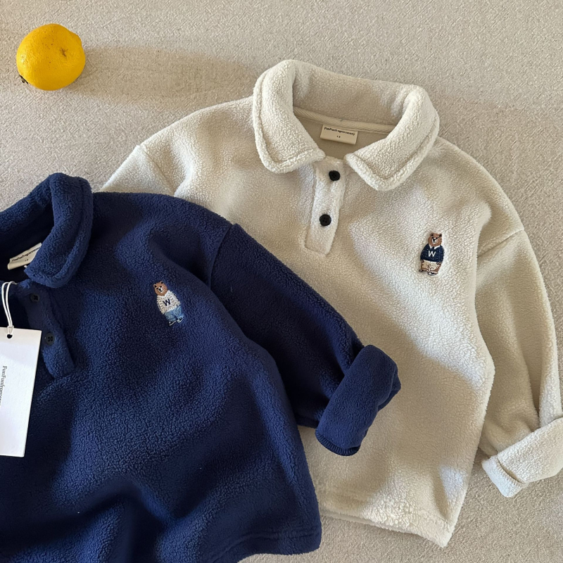 Παιδικό polo σε κορεατικό στυλ με κέντημα αρκούδας, σχέδιο ριγέ/καρτούν, πολυεστέρας, Unisex, ηλικία 3–8 ετών