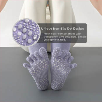 Памучни йога чорапи с пръсти за Пилатес, нехлъзгаща подметка, попиване на пот, дезодориращи, против триене, средна дължина