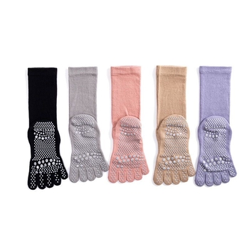 Памучни йога чорапи с пръсти за Пилатес, нехлъзгаща подметка, попиване на пот, дезодориращи, против триене, средна дължина