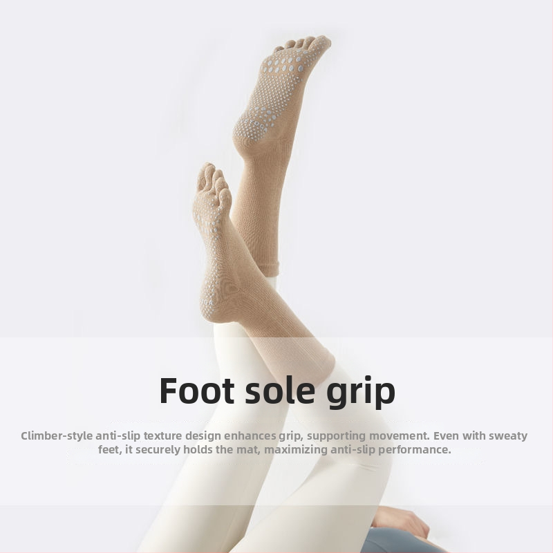 Памучни йога чорапи с пръсти за Пилатес, нехлъзгаща подметка, попиване на пот, дезодориращи, против триене, средна дължина