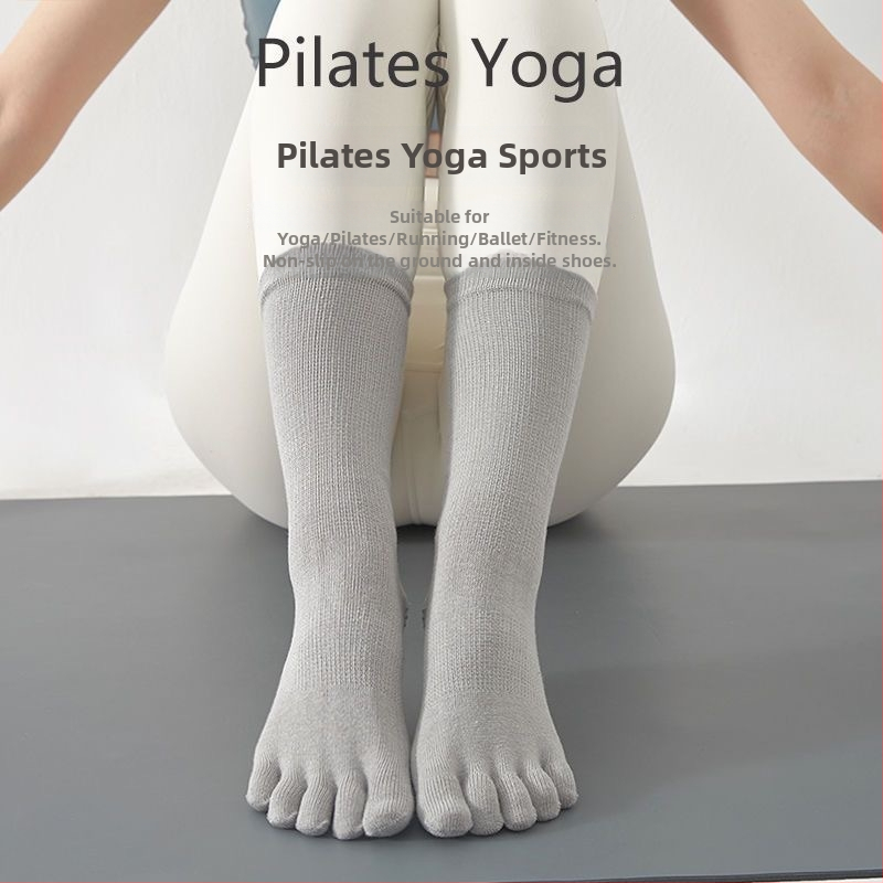Памучни йога чорапи с пръсти за Пилатес, нехлъзгаща подметка, попиване на пот, дезодориращи, против триене, средна дължина