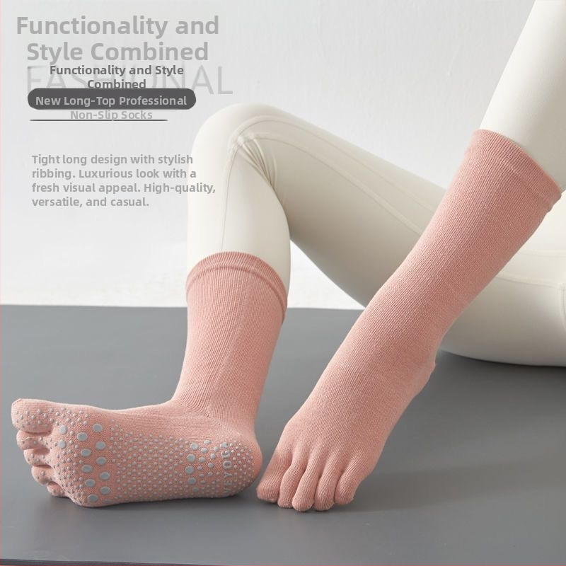 Памучни йога чорапи с пръсти за Пилатес, нехлъзгаща подметка, попиване на пот, дезодориращи, против триене, средна дължина