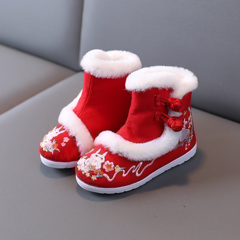 Gyerekek Hanfu hímzett vászon cipő téli bélelt, felső rész: vászon, talp: marháin, vastagított, csat rögzítés, eredet Tianjin