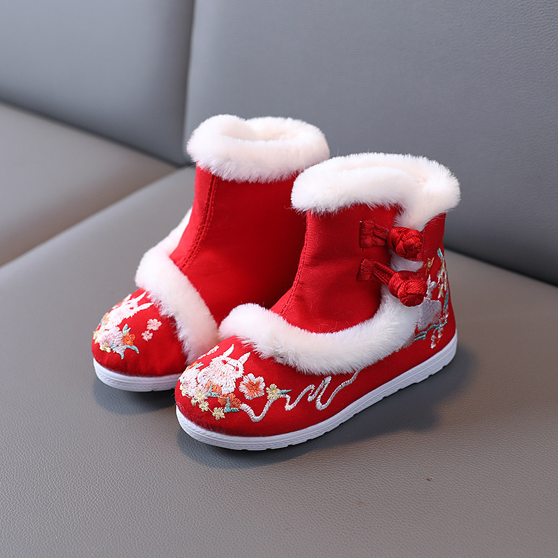 Gyerekek Hanfu hímzett vászon cipő téli bélelt, felső rész: vászon, talp: marháin, vastagított, csat rögzítés, eredet Tianjin