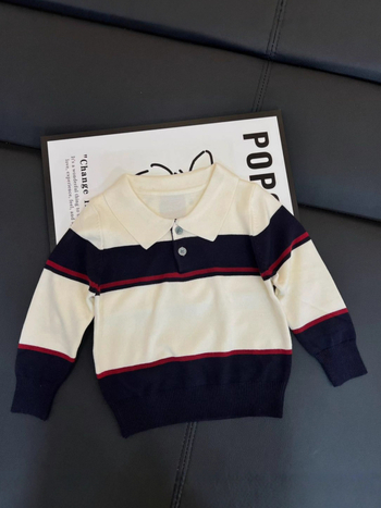 Gyerekeknek készült polo felső, csíkos, kötött anyagból, koreai stílusú, 8 évesnél idősebbeknek