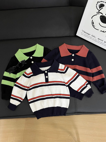 Gyerekeknek készült polo felső, csíkos, kötött anyagból, koreai stílusú, 8 évesnél idősebbeknek