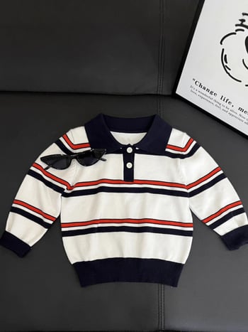 Gyerekeknek készült polo felső, csíkos, kötött anyagból, koreai stílusú, 8 évesnél idősebbeknek