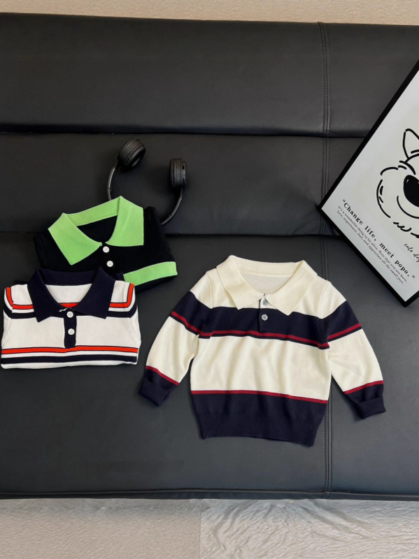 Gyerekeknek készült polo felső, csíkos, kötött anyagból, koreai stílusú, 8 évesnél idősebbeknek