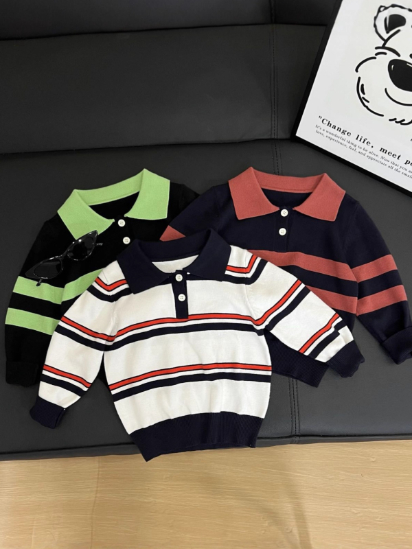 Gyerekeknek készült polo felső, csíkos, kötött anyagból, koreai stílusú, 8 évesnél idősebbeknek