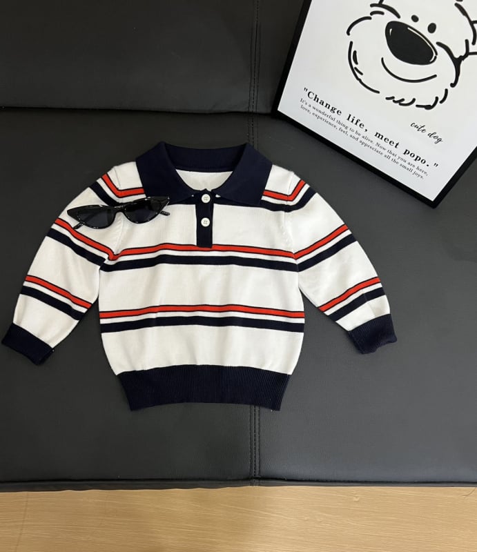 Gyerekeknek készült polo felső, csíkos, kötött anyagból, koreai stílusú, 8 évesnél idősebbeknek