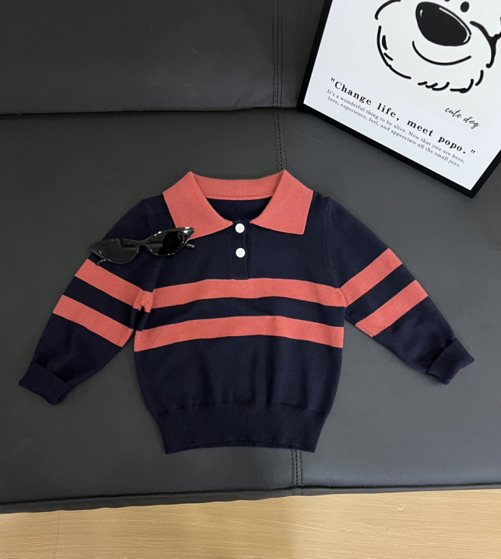 Gyerekeknek készült polo felső, csíkos, kötött anyagból, koreai stílusú, 8 évesnél idősebbeknek