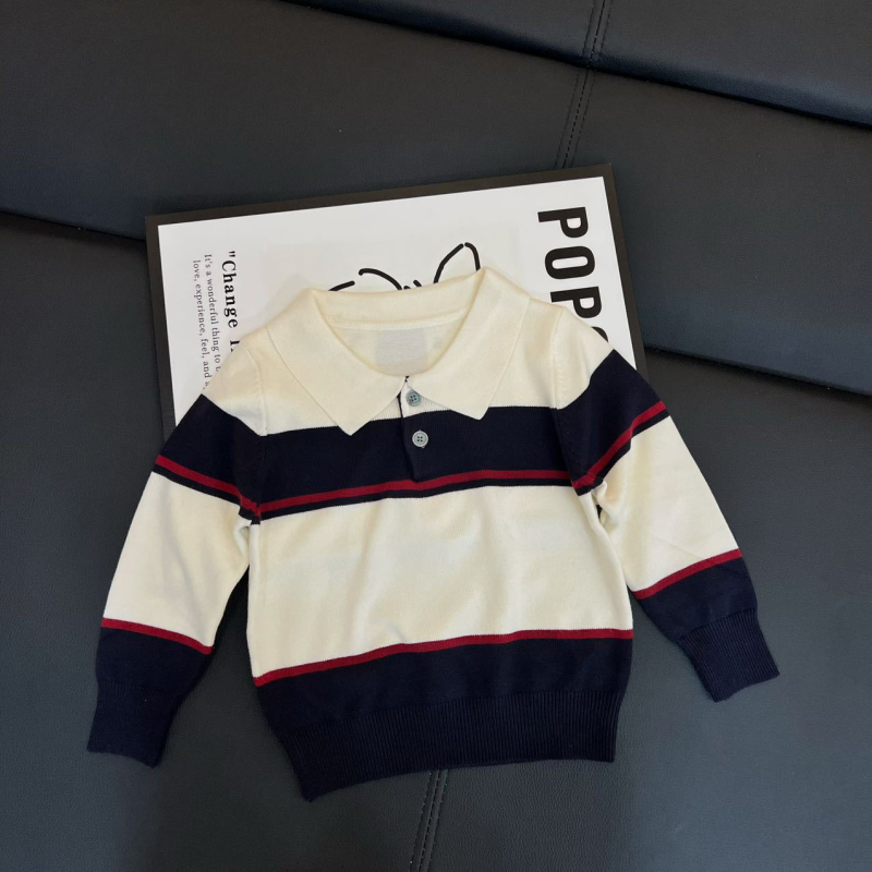 Gyerekeknek készült polo felső, csíkos, kötött anyagból, koreai stílusú, 8 évesnél idősebbeknek