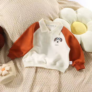 Детско поло с дълъг ръкав, памук, принт с карикатури и панелно оформление, свободен стил за пролет и есен, за деца 3–8 години