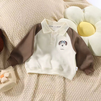 Детско поло с дълъг ръкав, памук, принт с карикатури и панелно оформление, свободен стил за пролет и есен, за деца 3–8 години