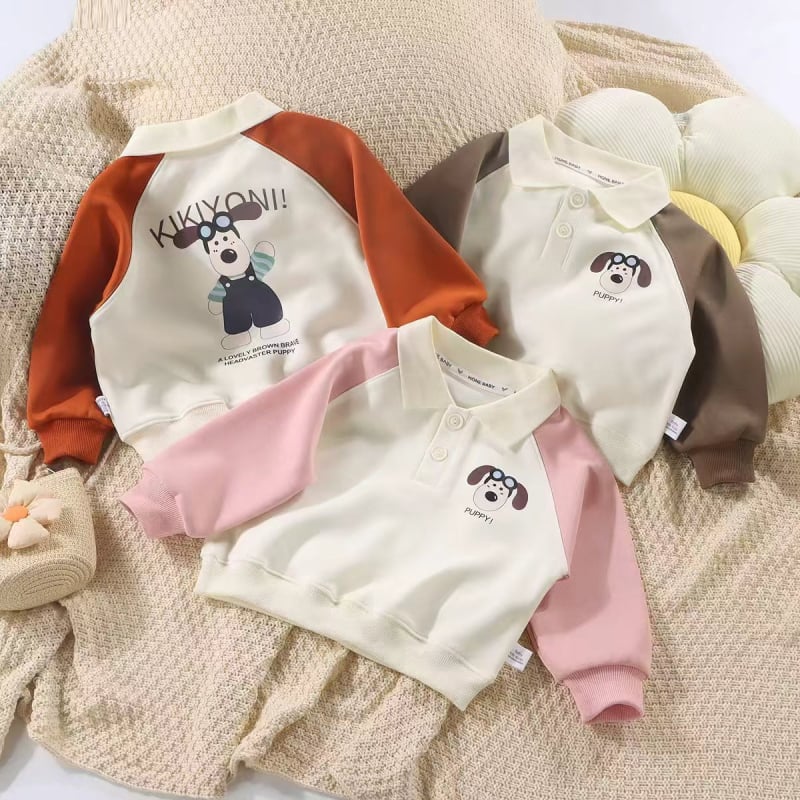 Детско поло с дълъг ръкав, памук, принт с карикатури и панелно оформление, свободен стил за пролет и есен, за деца 3–8 години