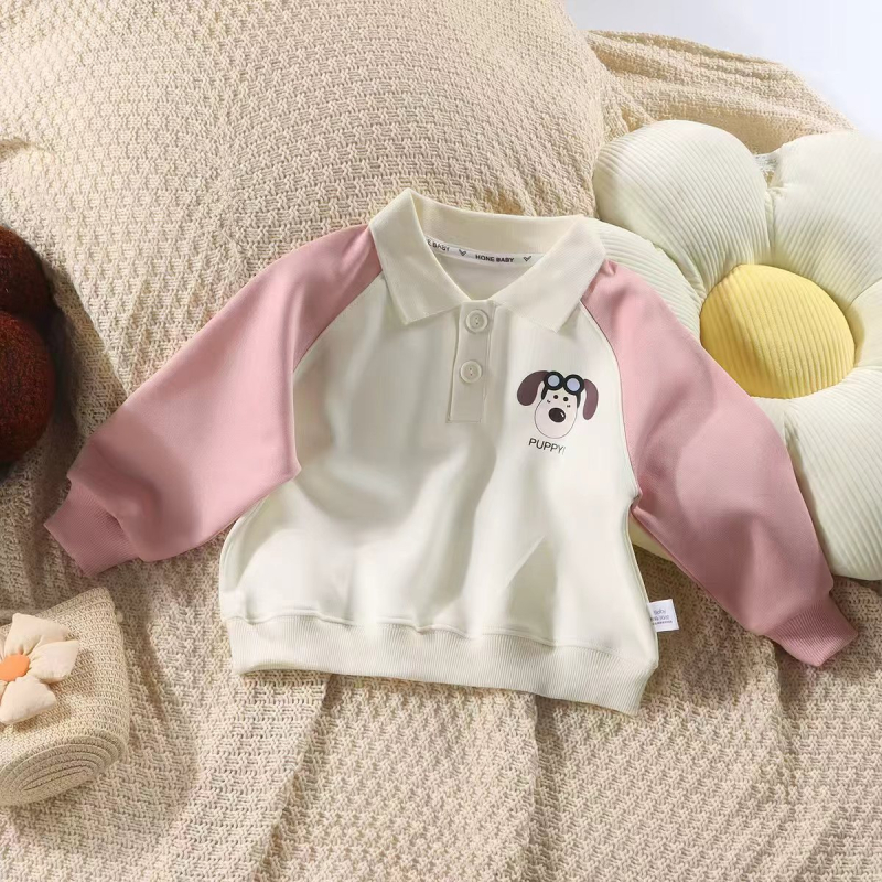 Детско поло с дълъг ръкав, памук, принт с карикатури и панелно оформление, свободен стил за пролет и есен, за деца 3–8 години