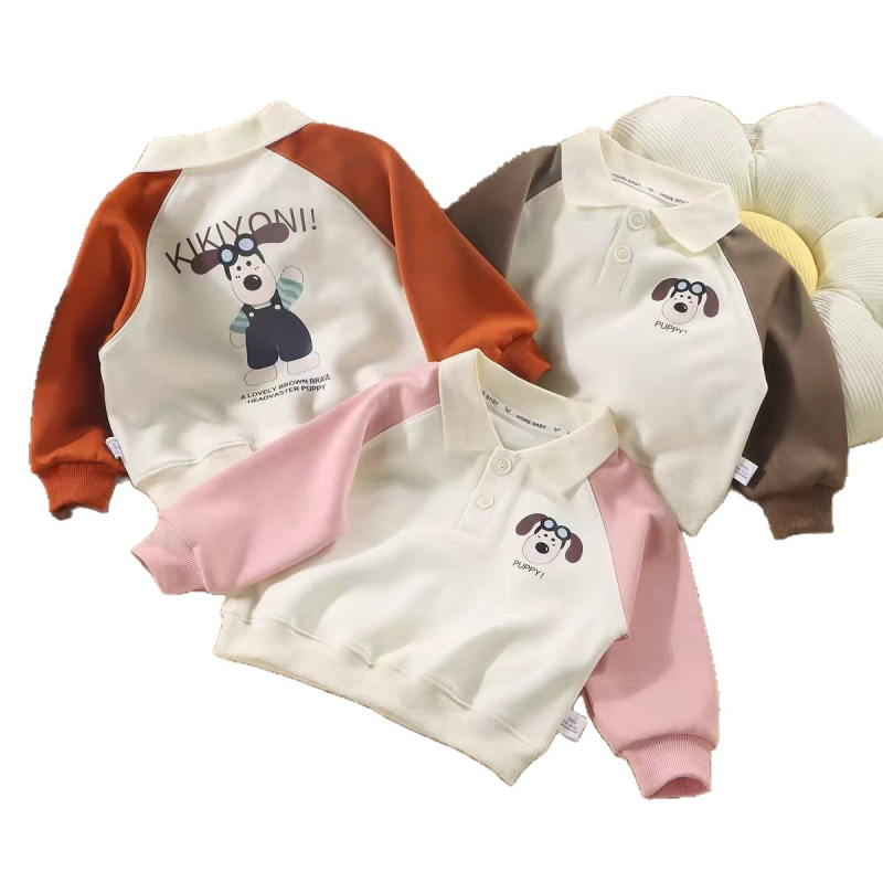 Детско поло с дълъг ръкав, памук, принт с карикатури и панелно оформление, свободен стил за пролет и есен, за деца 3–8 години