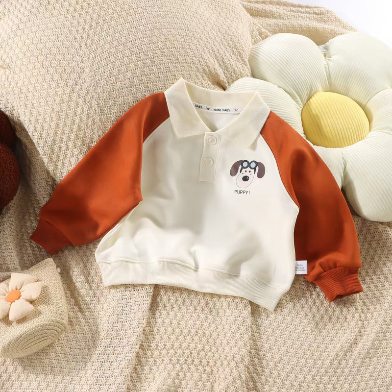 Детско поло с дълъг ръкав, памук, принт с карикатури и панелно оформление, свободен стил за пролет и есен, за деца 3–8 години