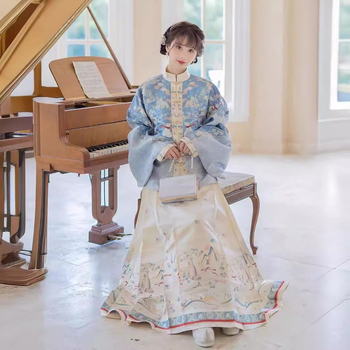 Hanfu set u Ming stilu za žene – stojeći ovratnik, rukavi Pipa, otisnuta suknja i Mamian suknja, poliester