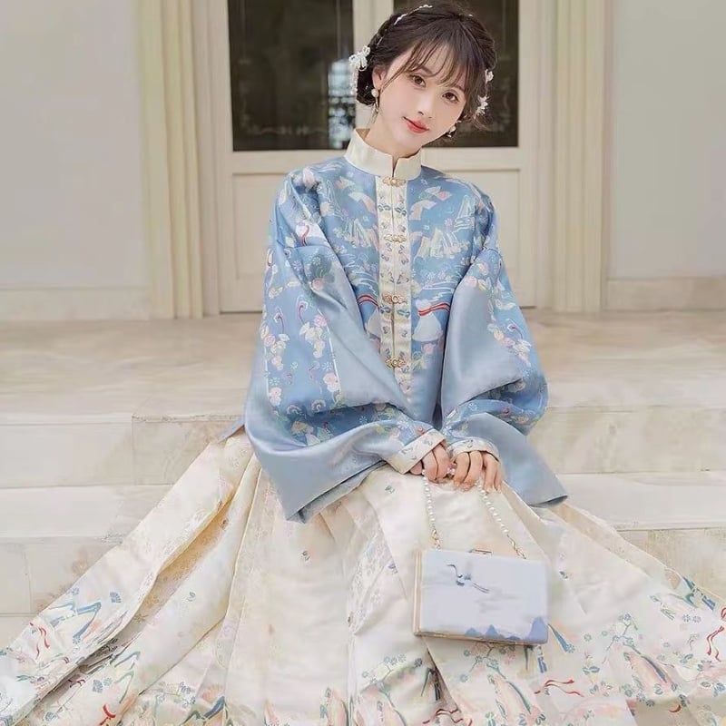 Hanfu set u Ming stilu za žene – stojeći ovratnik, rukavi Pipa, otisnuta suknja i Mamian suknja, poliester