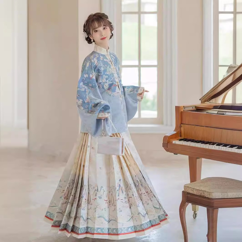 Hanfu set u Ming stilu za žene – stojeći ovratnik, rukavi Pipa, otisnuta suknja i Mamian suknja, poliester