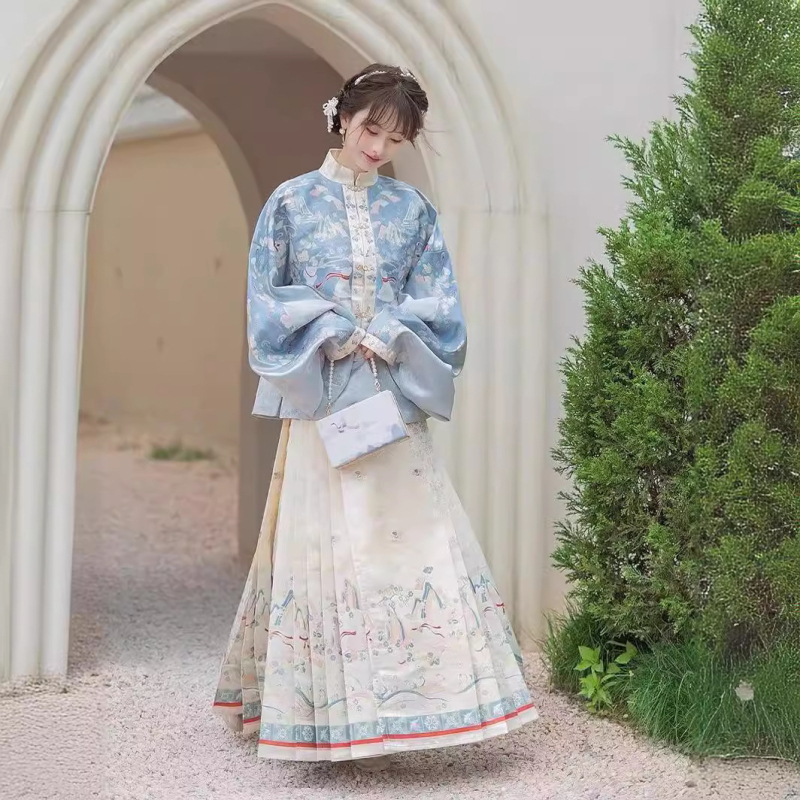 Hanfu set u Ming stilu za žene – stojeći ovratnik, rukavi Pipa, otisnuta suknja i Mamian suknja, poliester