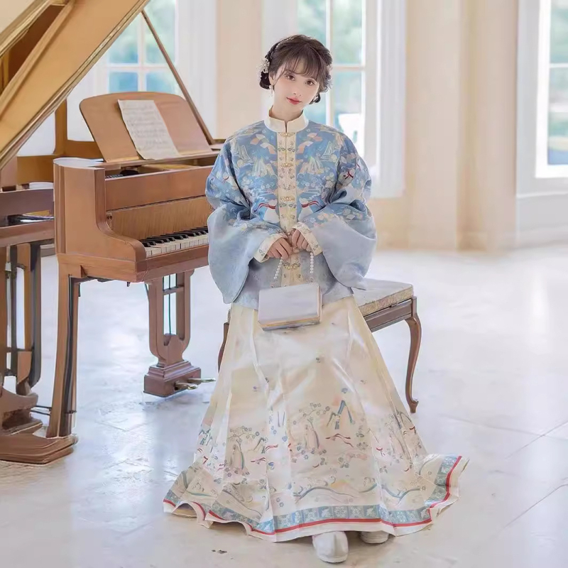 Hanfu set u Ming stilu za žene – stojeći ovratnik, rukavi Pipa, otisnuta suknja i Mamian suknja, poliester