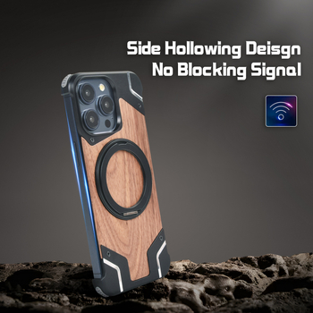 Carcasă metalică tip armură pentru iPhone 16/17 Pro Max, cu lemn de piersic — fără ramă, magnetism, design decupat, disipare a căldurii