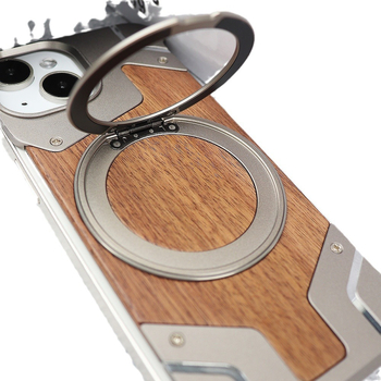 Carcasă metalică tip armură pentru iPhone 16/17 Pro Max, cu lemn de piersic — fără ramă, magnetism, design decupat, disipare a căldurii
