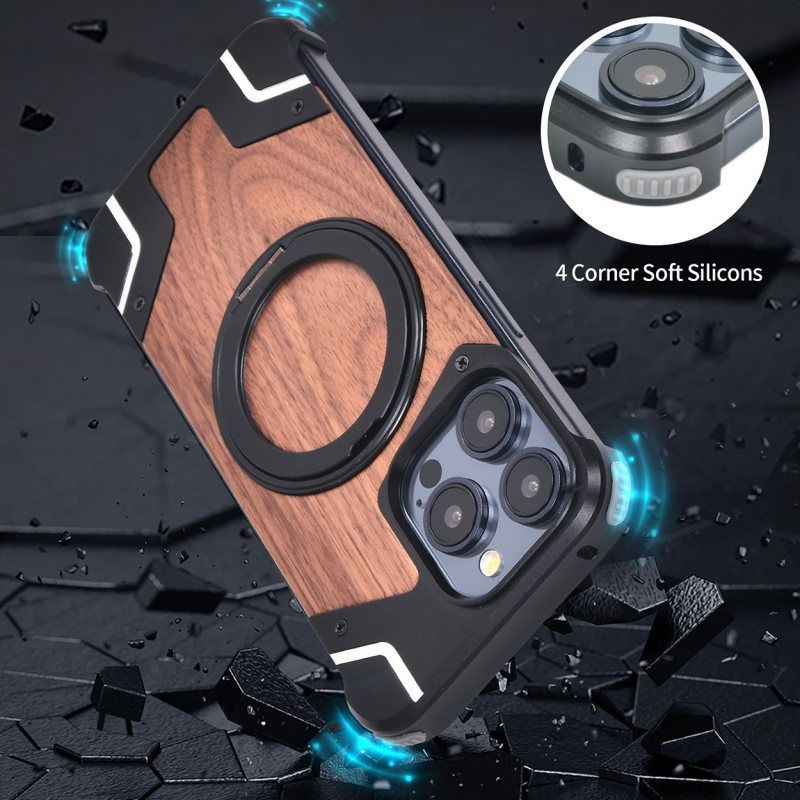 Carcasă metalică tip armură pentru iPhone 16/17 Pro Max, cu lemn de piersic — fără ramă, magnetism, design decupat, disipare a căldurii