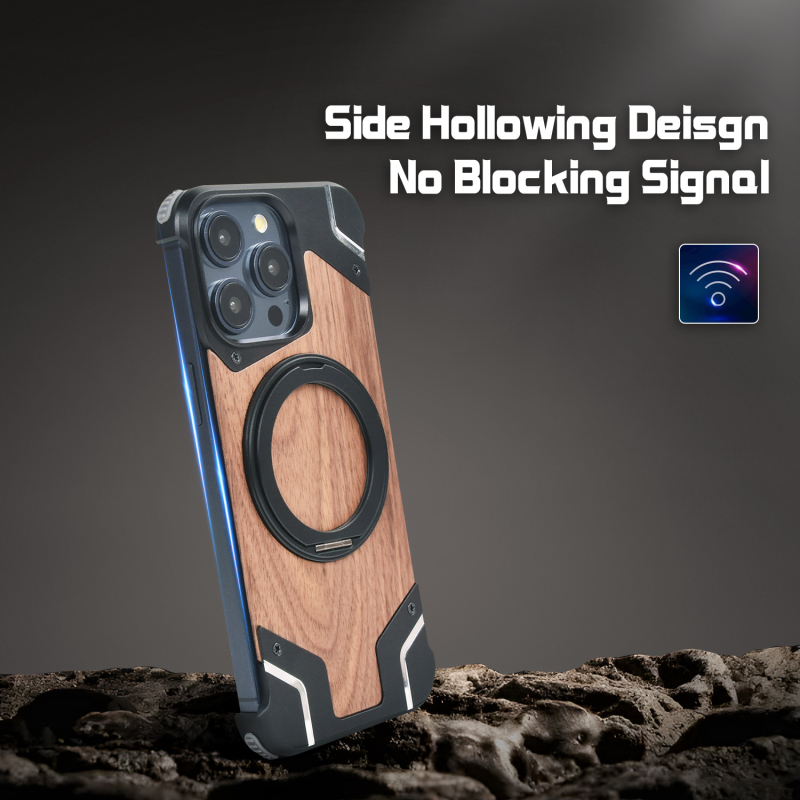 Carcasă metalică tip armură pentru iPhone 16/17 Pro Max, cu lemn de piersic — fără ramă, magnetism, design decupat, disipare a căldurii