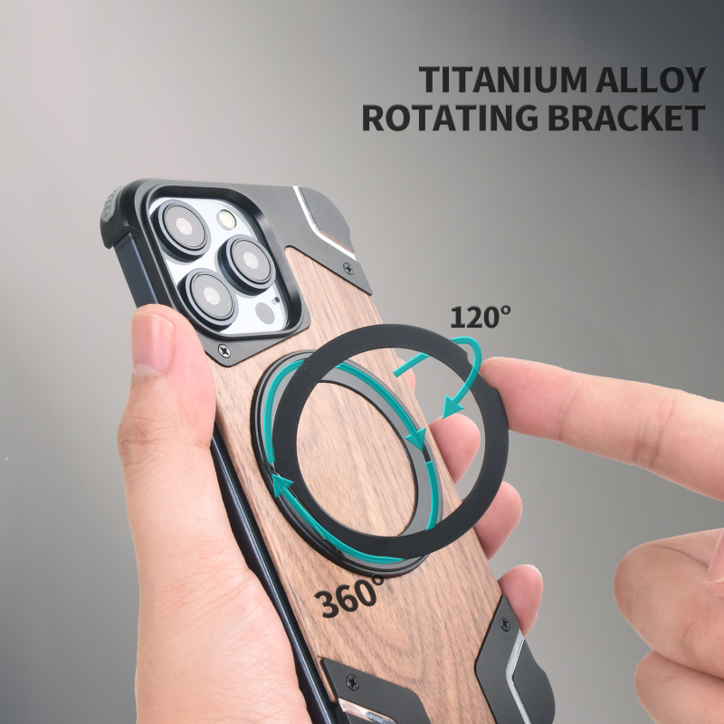 Carcasă metalică tip armură pentru iPhone 16/17 Pro Max, cu lemn de piersic — fără ramă, magnetism, design decupat, disipare a căldurii