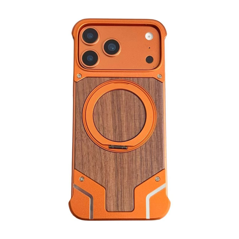 Carcasă metalică tip armură pentru iPhone 16/17 Pro Max, cu lemn de piersic — fără ramă, magnetism, design decupat, disipare a căldurii