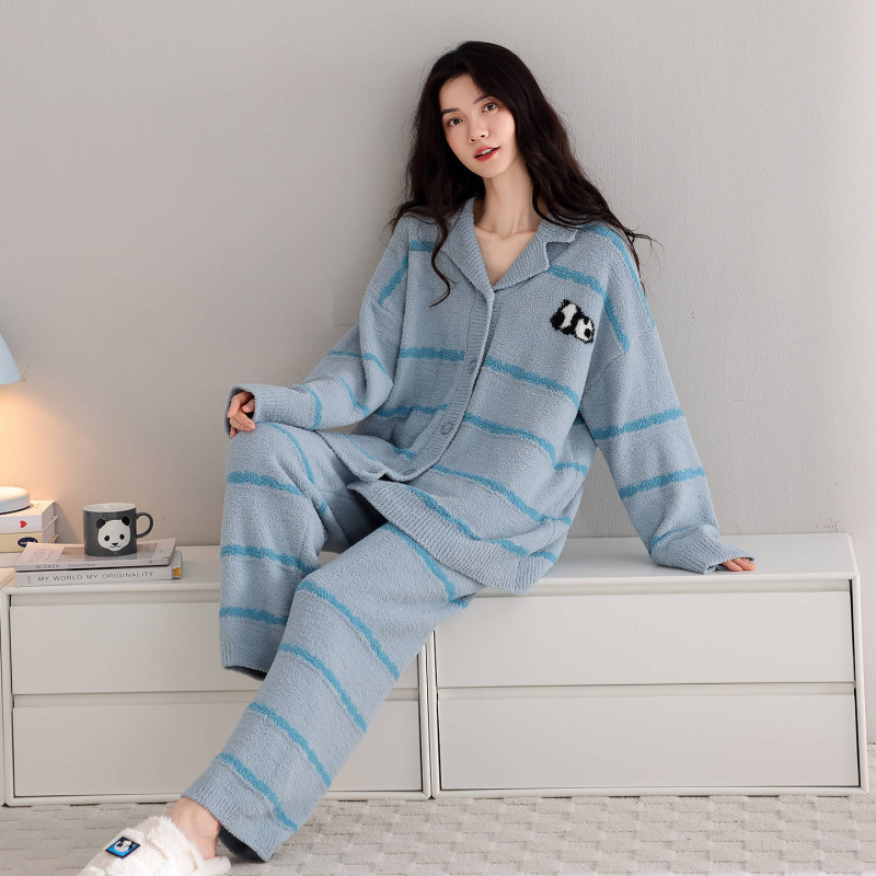 Ženski zimski set pidžame s kardiganom od poluvelura, 100% poliester, debljina 251–300 g/m², dugi rukav, hlače, casual kućno odijevanje