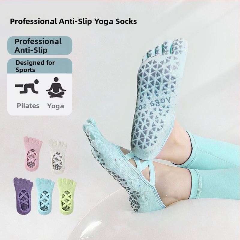 Петопръстни чорапи за йога, антихлъзгаща повърхност, разделяне на пръстите, дишащ памук, абсорбиращи потта, полка-точков 3D модел