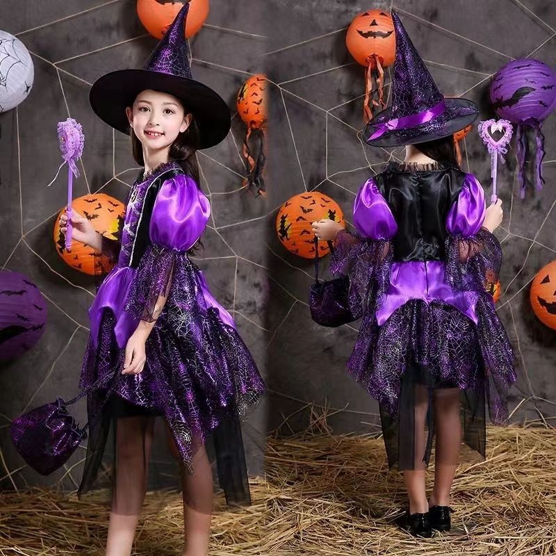 Halloween kostim za djevojčice: haljina vještice za igru i cosplay, mrežasta tkanina, poliester i acetat, za djecu do 17 godina