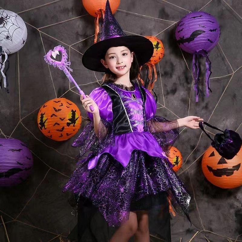 Halloween kostim za djevojčice: haljina vještice za igru i cosplay, mrežasta tkanina, poliester i acetat, za djecu do 17 godina