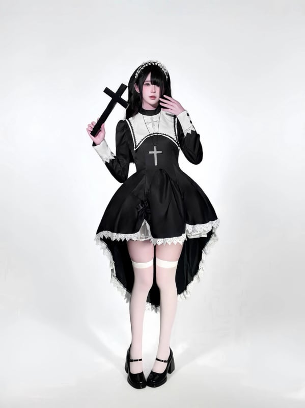 Cosplay kostim časne sestre s izšivanim križem — unisex, poliester (95%+), RPG kostim za nastup, proljeće 2025