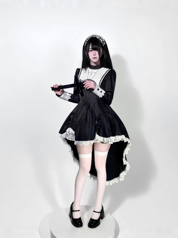 Cosplay kostim časne sestre s izšivanim križem — unisex, poliester (95%+), RPG kostim za nastup, proljeće 2025