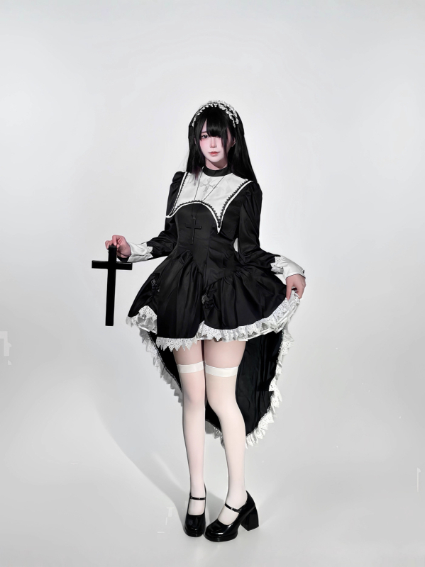Cosplay kostim časne sestre s izšivanim križem — unisex, poliester (95%+), RPG kostim za nastup, proljeće 2025