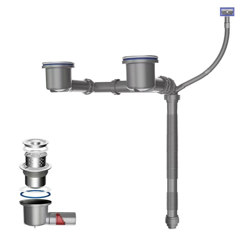 Kuhinjska odvodna cijev za sudoper, zidna montaža, prostor-ušteda, PP materijal, model 16, dvostruki ili jednostruki sudoper