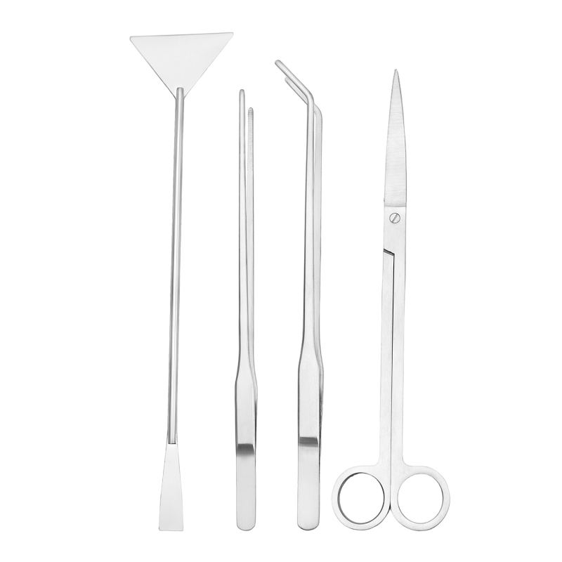 Öt részes rozsdamentes acél akvárium eszköz készlet: növényolló, erős szorító, sík homokkaparó és algakaparó — modell 00-263