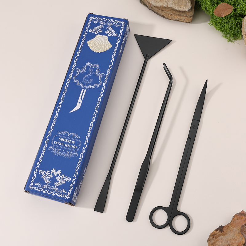 Öt részes rozsdamentes acél akvárium eszköz készlet: növényolló, erős szorító, sík homokkaparó és algakaparó — modell 00-263