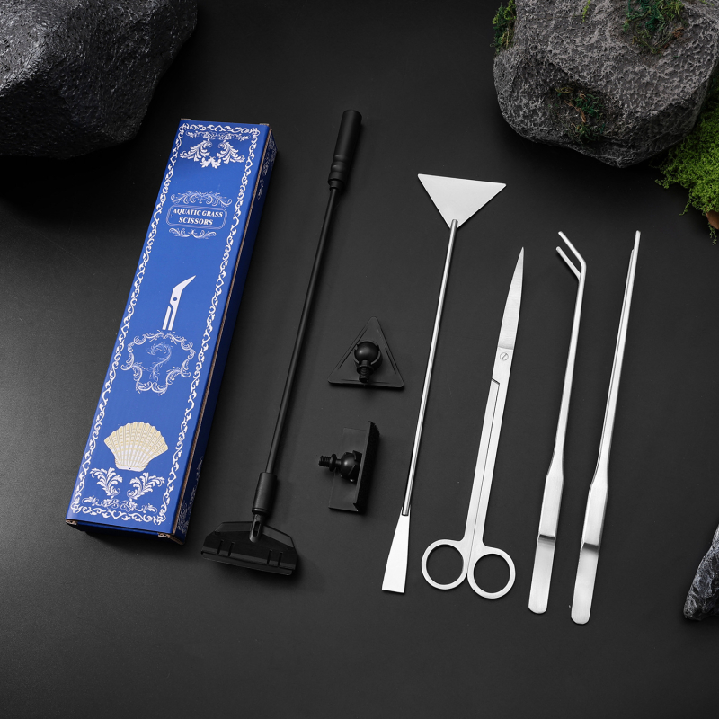 Öt részes rozsdamentes acél akvárium eszköz készlet: növényolló, erős szorító, sík homokkaparó és algakaparó — modell 00-263