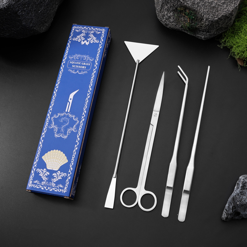 Öt részes rozsdamentes acél akvárium eszköz készlet: növényolló, erős szorító, sík homokkaparó és algakaparó — modell 00-263