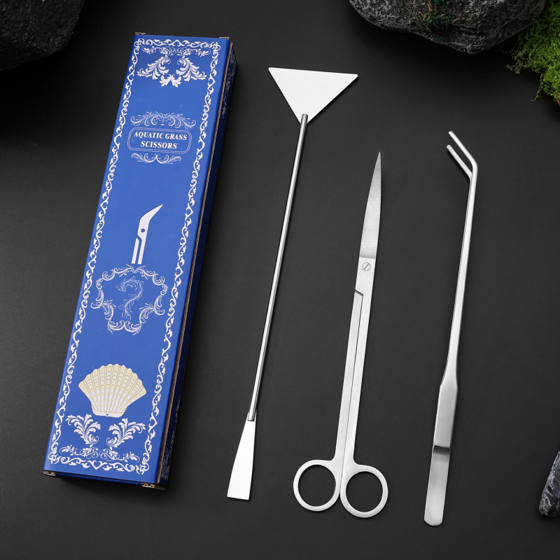 Öt részes rozsdamentes acél akvárium eszköz készlet: növényolló, erős szorító, sík homokkaparó és algakaparó — modell 00-263