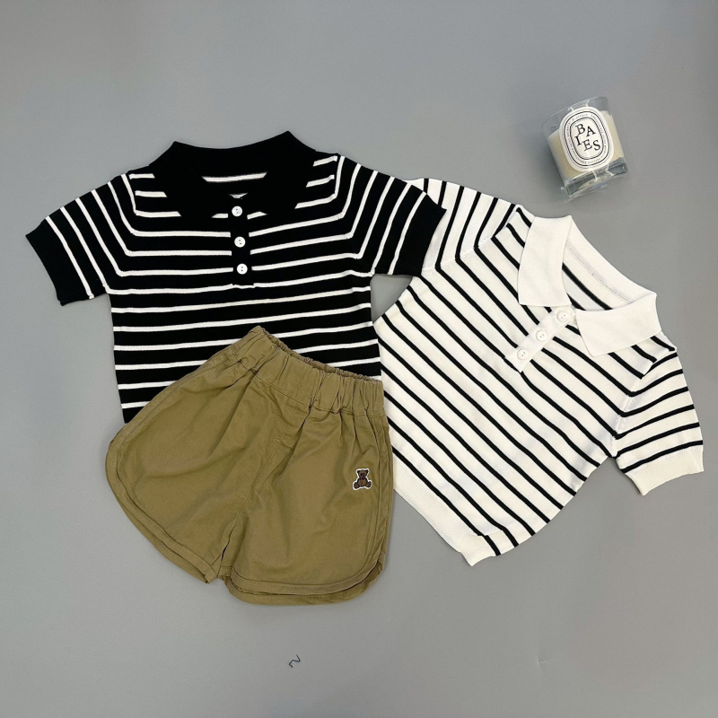 Polo majica za djecu 1–3 godine – prozračna ice silk pletena tkanina, kratki rukav, prugasti uzorak, ljeto 2025