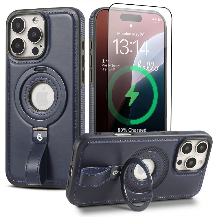 Carcasă pentru iPhone Apple cu suport magnetic (design dual; textură de piele; prelucrare CNC + turnare prin injecție; nituri; personalizare disponibilă)